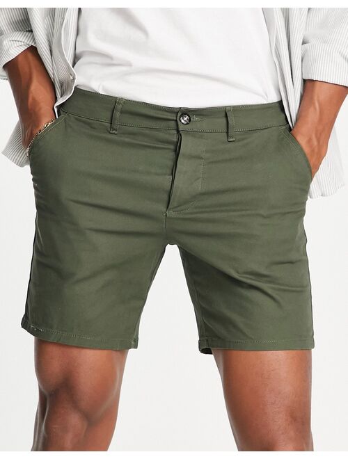 ASOS DESIGN 2 pack slim chino shorts in dark khaki and black save