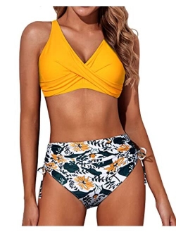 Aqua Eve Women High Waisted Bikini Twist Front Swimsuits Lace up Bikini Tops Ruched Push up 2 Piece Bathing Suits