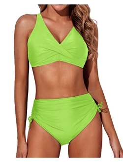 Aqua Eve Women High Waisted Bikini Twist Front Swimsuits Lace up Bikini Tops Ruched Push up 2 Piece Bathing Suits