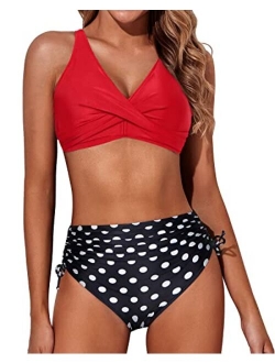 Aqua Eve Women High Waisted Bikini Twist Front Swimsuits Lace up Bikini Tops Ruched Push up 2 Piece Bathing Suits