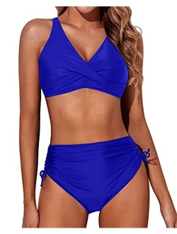 Aqua Eve Women High Waisted Bikini Twist Front Swimsuits Lace up Bikini Tops Ruched Push up 2 Piece Bathing Suits