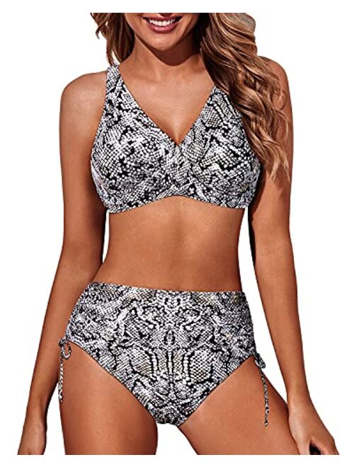 Aqua Eve Women High Waisted Bikini Twist Front Swimsuits Lace up Bikini Tops Ruched Push up 2 Piece Bathing Suits