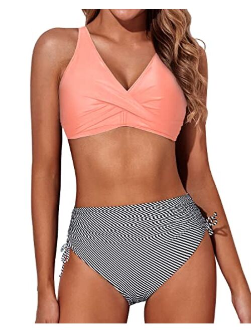 Aqua Eve Women High Waisted Bikini Twist Front Swimsuits Lace up Bikini Tops Ruched Push up 2 Piece Bathing Suits