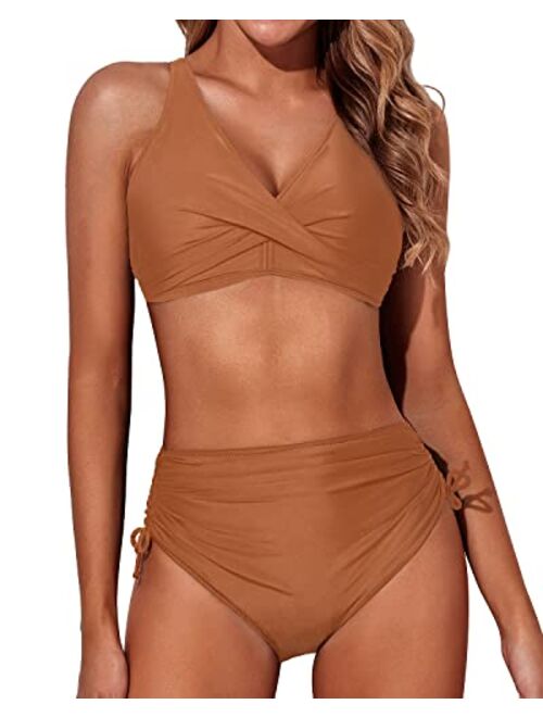 Aqua Eve Women High Waisted Bikini Twist Front Swimsuits Lace up Bikini Tops Ruched Push up 2 Piece Bathing Suits