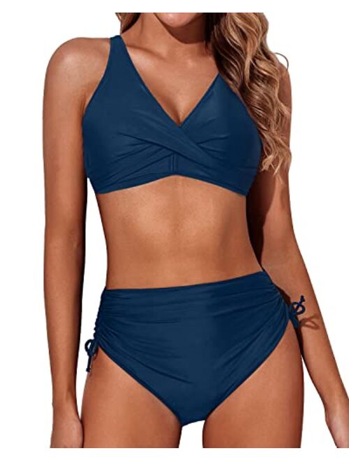 Aqua Eve Women High Waisted Bikini Twist Front Swimsuits Lace up Bikini Tops Ruched Push up 2 Piece Bathing Suits