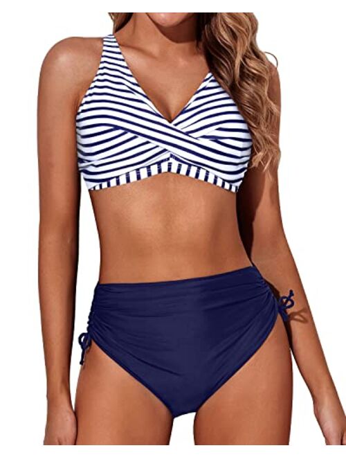 Aqua Eve Women High Waisted Bikini Twist Front Swimsuits Lace up Bikini Tops Ruched Push up 2 Piece Bathing Suits