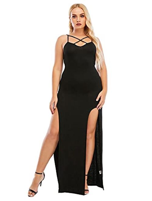 PYL Women Plus Size Sexy Dress, Side Split Criss Cross V Neck Cocktail Bodycon