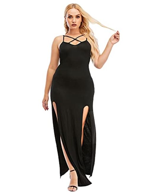 PYL Women Plus Size Sexy Dress, Side Split Criss Cross V Neck Cocktail Bodycon