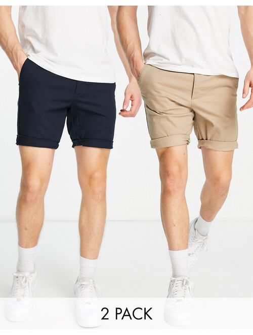 ASOS DESIGN 2 pack skinny chino shorts in stone & navy