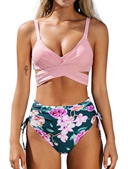 Women's High Waist Bikini Swimsuit Floral Print Tie Two Piece Bathing Suit