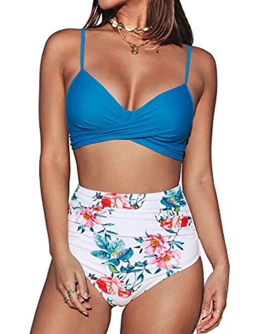 CUPSHE Women's High Waist Bikini Swimsuit Floral Print Tie Two Piece Bathing Suit