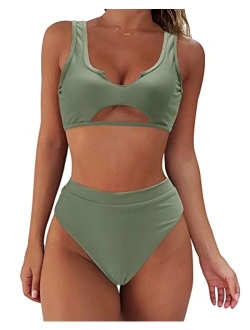 Women Cutout Bikini Sets Push Up High Waisted Swimsuits 2 Piece