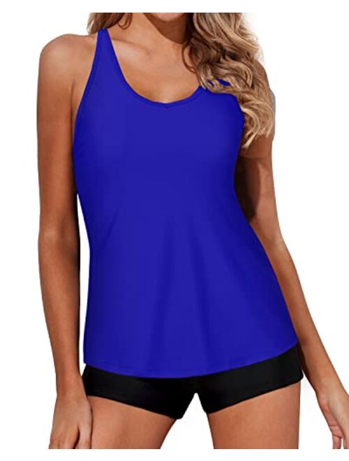 Yonique Tankini Swimsuits for Women with Boy Shorts Athletic Swim Tank Top 2 Piece Bathing Suits