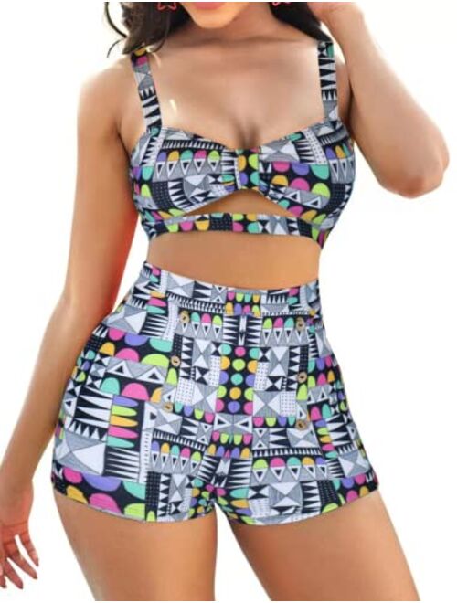 B2prity High Waisted Swimsuit for Women Cute Two Piece Bathing Suit Cut Out Bikini Set Tummy Control Swimwear with Boyshorts