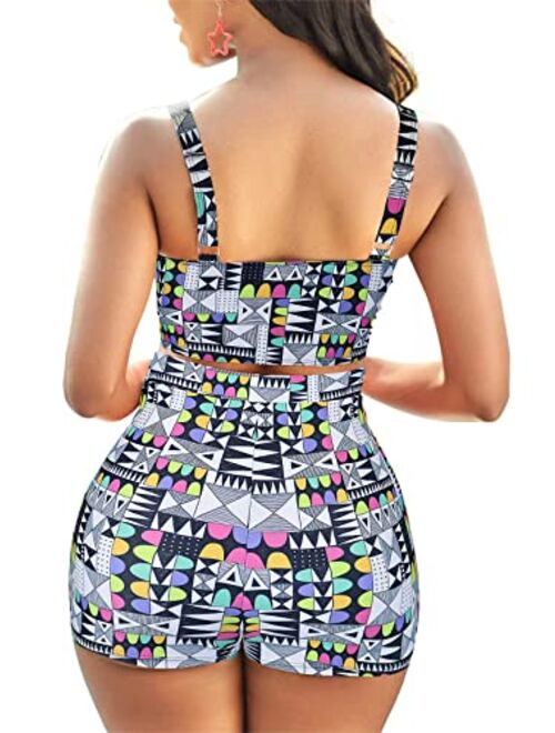 B2prity High Waisted Swimsuit for Women Cute Two Piece Bathing Suit Cut Out Bikini Set Tummy Control Swimwear with Boyshorts