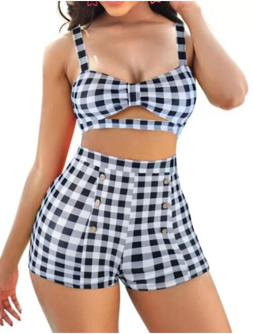 B2prity High Waisted Swimsuit for Women Cute Two Piece Bathing Suit Cut Out Bikini Set Tummy Control Swimwear with Boyshorts