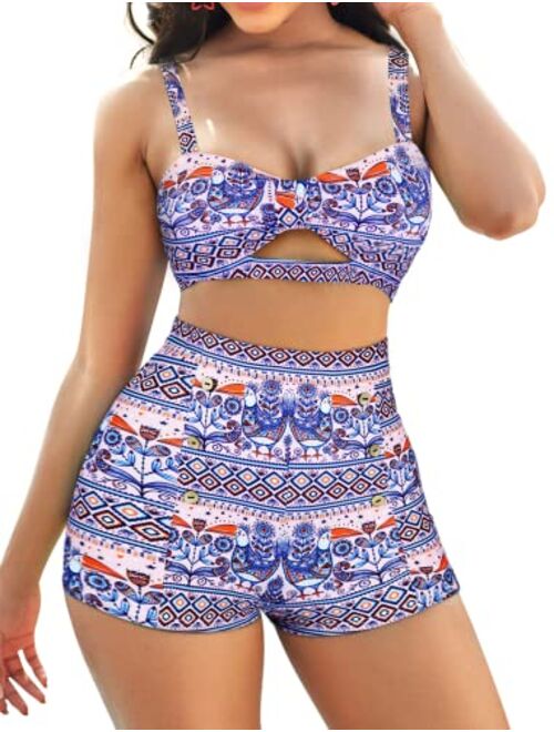 B2prity High Waisted Swimsuit for Women Cute Two Piece Bathing Suit Cut Out Bikini Set Tummy Control Swimwear with Boyshorts