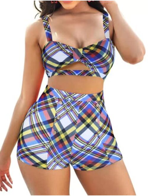 B2prity High Waisted Swimsuit for Women Cute Two Piece Bathing Suit Cut Out Bikini Set Tummy Control Swimwear with Boyshorts