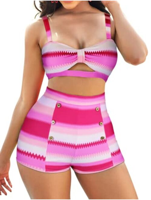 B2prity High Waisted Swimsuit for Women Cute Two Piece Bathing Suit Cut Out Bikini Set Tummy Control Swimwear with Boyshorts