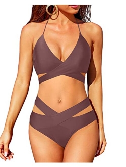 Holipick Two Piece Bikini Sets for Women High Waisted Bikini Push Up Swimsuit Halter Wrap Criss Cross Bathing Suit