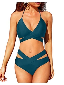 Holipick Two Piece Bikini Sets for Women High Waisted Bikini Push Up Swimsuit Halter Wrap Criss Cross Bathing Suit