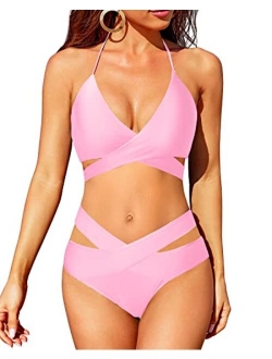 Holipick Two Piece Bikini Sets for Women High Waisted Bikini Push Up Swimsuit Halter Wrap Criss Cross Bathing Suit