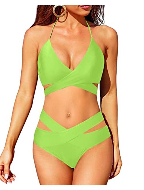 Holipick Two Piece Bikini Sets for Women High Waisted Bikini Push Up Swimsuit Halter Wrap Criss Cross Bathing Suit