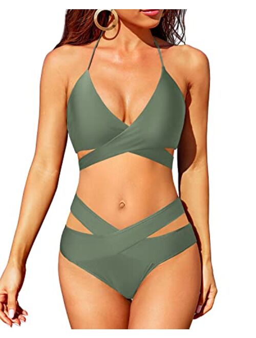 Holipick Two Piece Bikini Sets for Women High Waisted Bikini Push Up Swimsuit Halter Wrap Criss Cross Bathing Suit