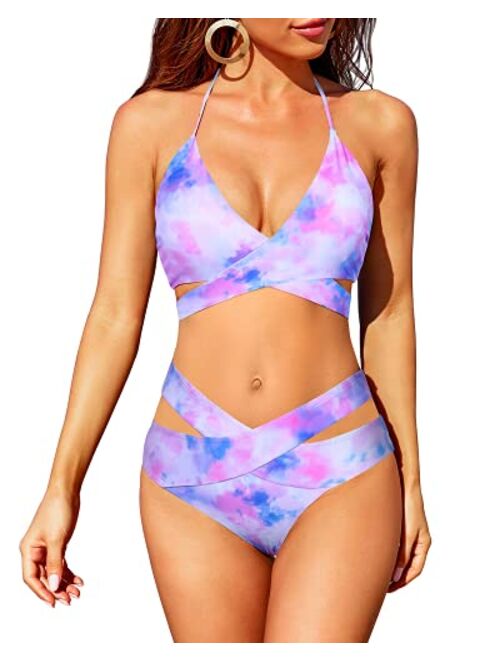 Holipick Two Piece Bikini Sets for Women High Waisted Bikini Push Up Swimsuit Halter Wrap Criss Cross Bathing Suit