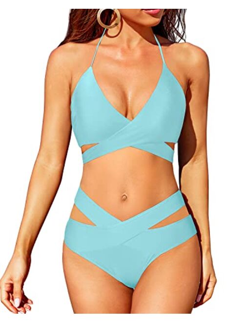 Holipick Two Piece Bikini Sets for Women High Waisted Bikini Push Up Swimsuit Halter Wrap Criss Cross Bathing Suit