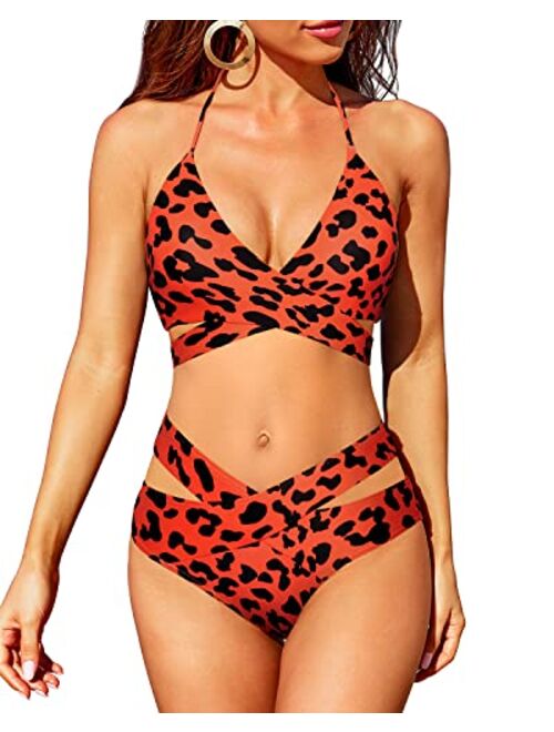 Holipick Two Piece Bikini Sets for Women High Waisted Bikini Push Up Swimsuit Halter Wrap Criss Cross Bathing Suit