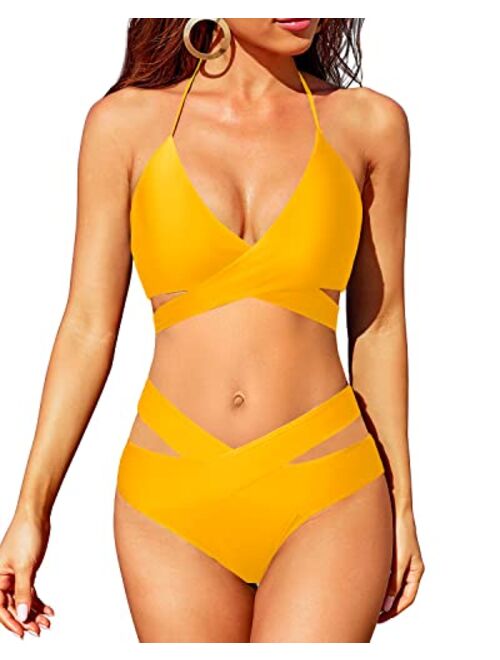 Holipick Two Piece Bikini Sets for Women High Waisted Bikini Push Up Swimsuit Halter Wrap Criss Cross Bathing Suit