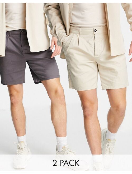 ASOS DESIGN 2 pack cigarette chino shorts in charcoal and beige save