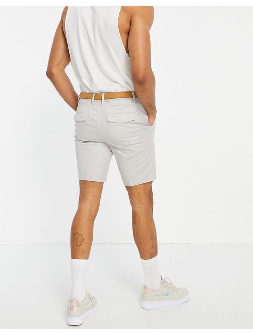 River Island slim belted chino shorts in stone