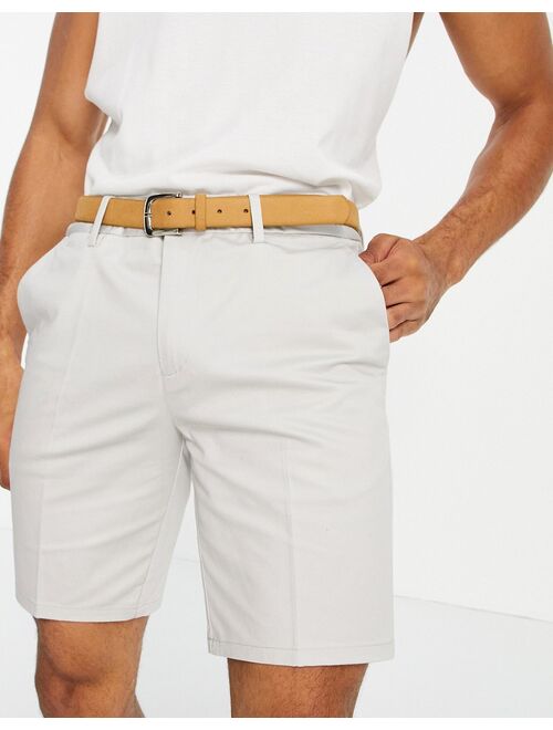 River Island slim belted chino shorts in stone