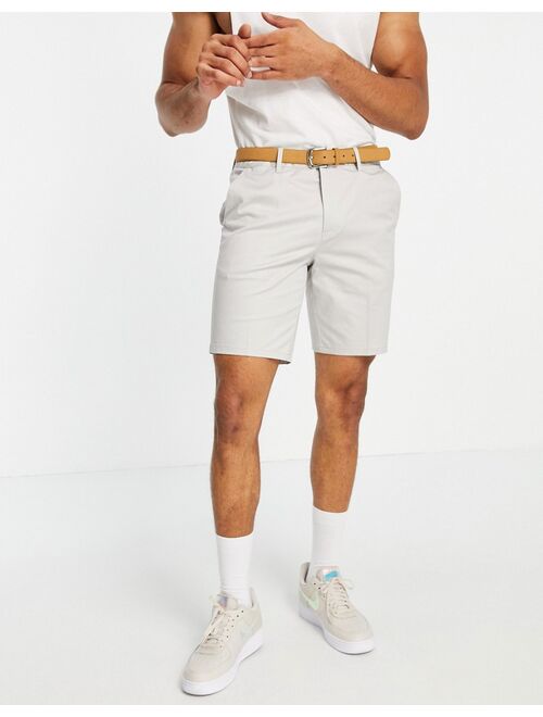 River Island slim belted chino shorts in stone