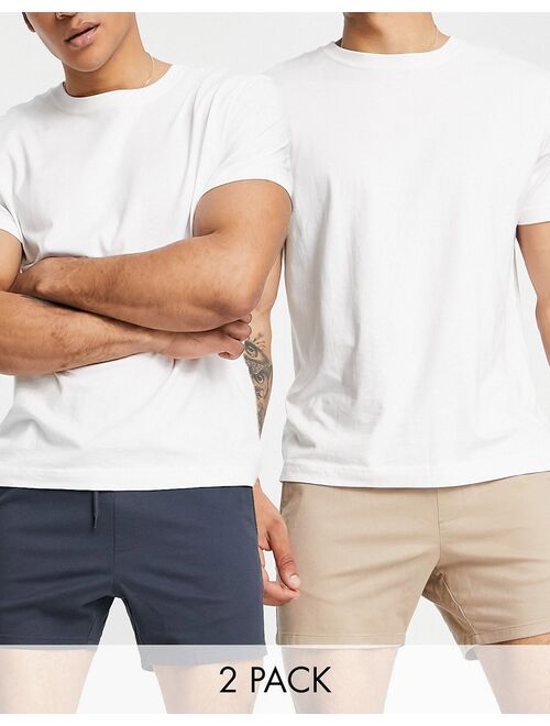 ASOS DESIGN 2 pack skinny chino shorts in beige and navy save