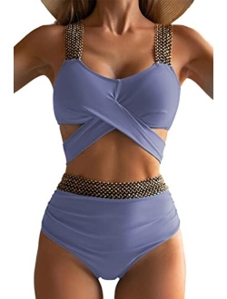 Eomenie Women Two Piece Cross Wrap Bathing Suit Tie Back, High Waist Tummy Control Swimsuit 2 Piece Curvy Bikini Swimwear