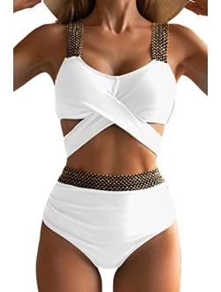 Eomenie Women Two Piece Cross Wrap Bathing Suit Tie Back, High Waist Tummy Control Swimsuit 2 Piece Curvy Bikini Swimwear