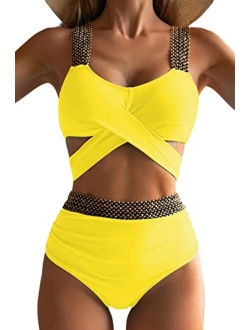 Eomenie Women Two Piece Cross Wrap Bathing Suit Tie Back, High Waist Tummy Control Swimsuit 2 Piece Curvy Bikini Swimwear