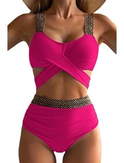 Eomenie Women Two Piece Cross Wrap Bathing Suit Tie Back, High Waist Tummy Control Swimsuit 2 Piece Curvy Bikini Swimwear