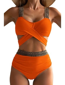 Eomenie Women Two Piece Cross Wrap Bathing Suit Tie Back, High Waist Tummy Control Swimsuit 2 Piece Curvy Bikini Swimwear