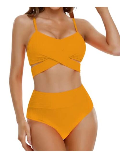 Eomenie Women Two Piece Cross Wrap Bathing Suit Tie Back, High Waist Tummy Control Swimsuit 2 Piece Curvy Bikini Swimwear