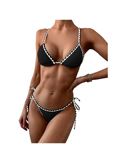 ZAFUL Women's Whip Stitch Textured String Triangle Bikini Set Two Piece Swimsuit