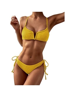 Women's V-Wire Padded Ribbed High Cut Cami Bikini Set Two Piece Swimsuit