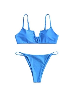 Women's V-Wire Padded Ribbed High Cut Cami Bikini Set Two Piece Swimsuit