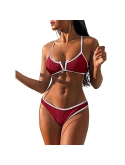 Women's V-Wire Padded Ribbed High Cut Cami Bikini Set Two Piece Swimsuit