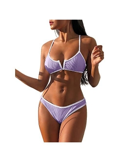 Women's V-Wire Padded Ribbed High Cut Cami Bikini Set Two Piece Swimsuit