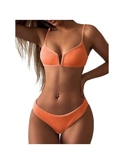 Women's V-Wire Padded Ribbed High Cut Cami Bikini Set Two Piece Swimsuit