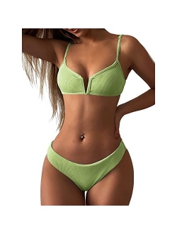 Women's V-Wire Padded Ribbed High Cut Cami Bikini Set Two Piece Swimsuit